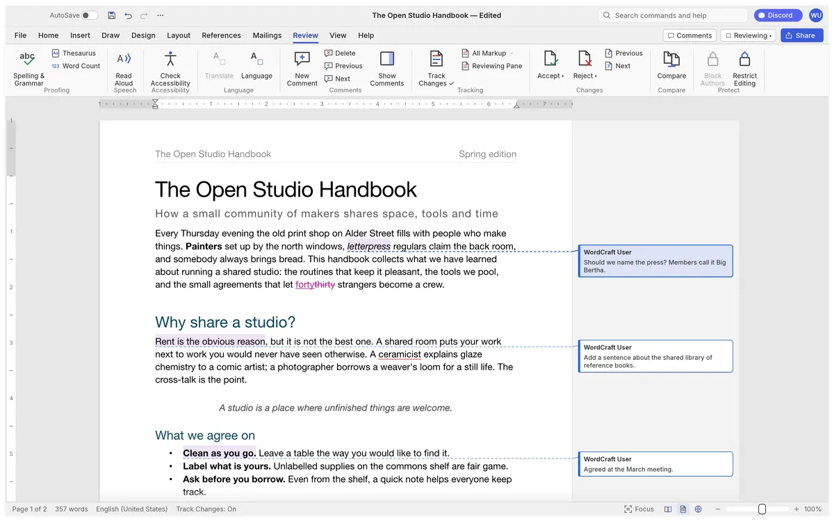 Track changes and comments in WordCraft